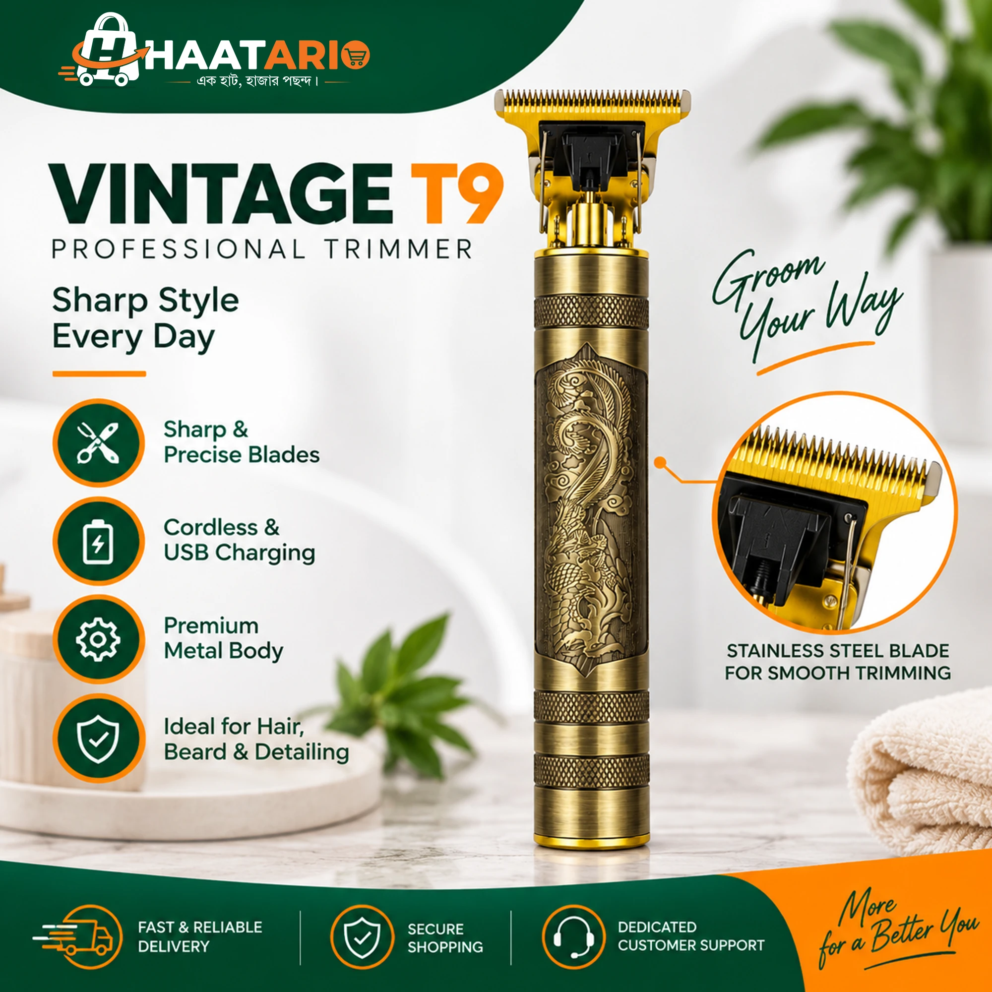 Vintage T9 Professional Hair Trimmer | USB Rechargeable Beard & Hair Clipper (New Model) - Image 2