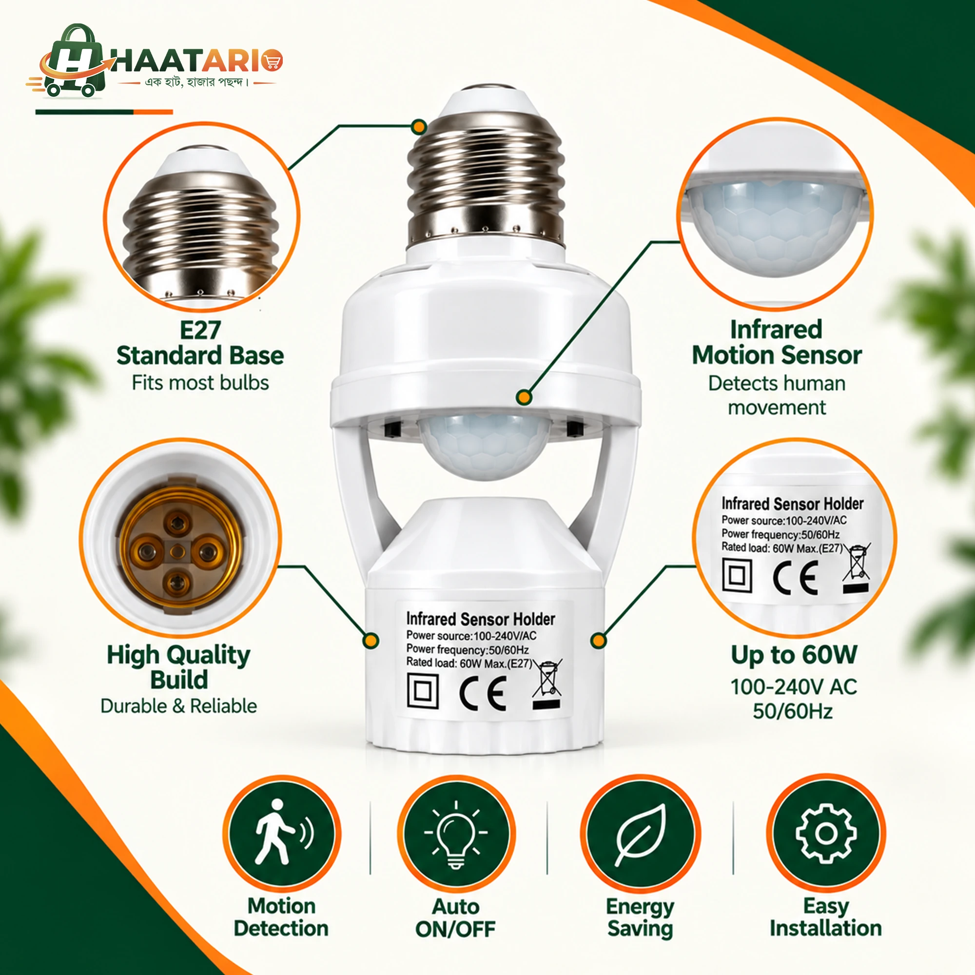 Infrared Motion Sensor Light Bulb Holder | E27 100-240V - Image 3