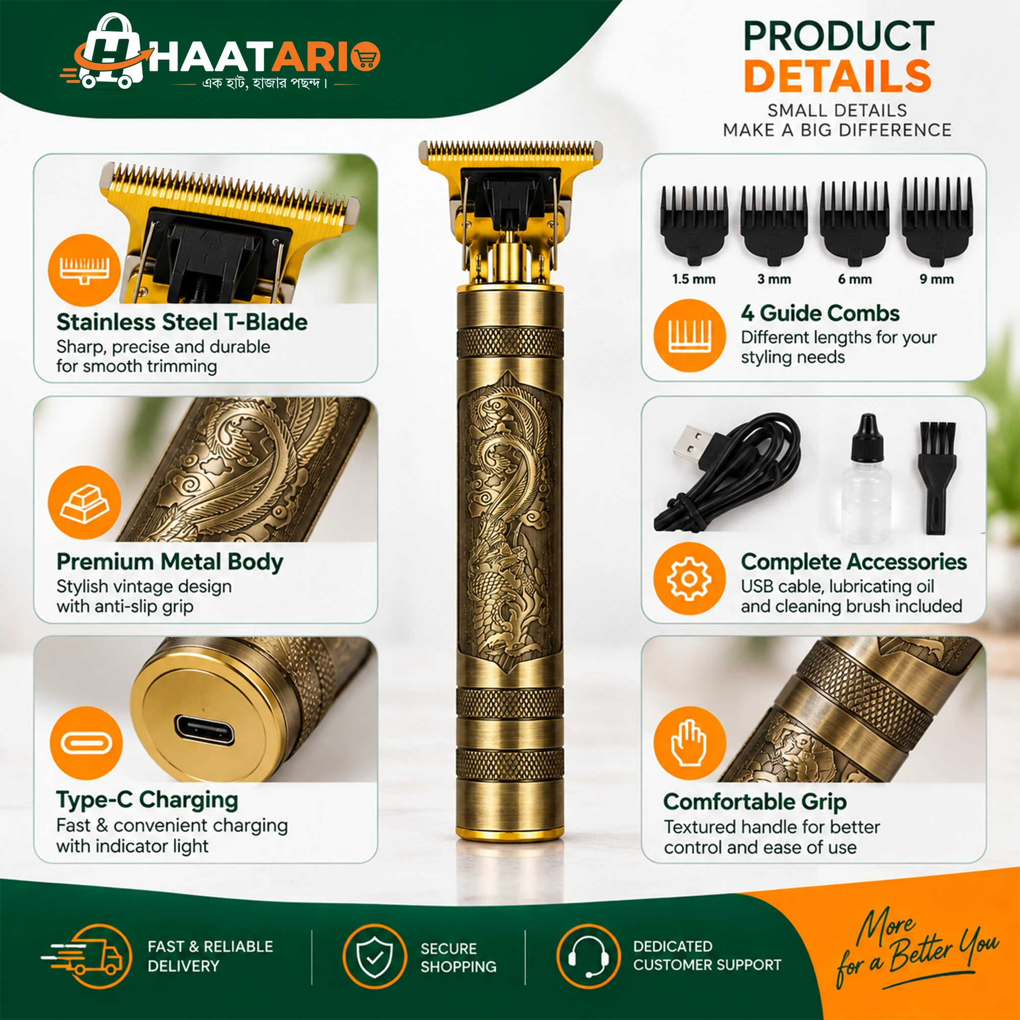 Vintage T9 Professional Hair Trimmer | USB Rechargeable Beard & Hair Clipper (New Model) - Image 3