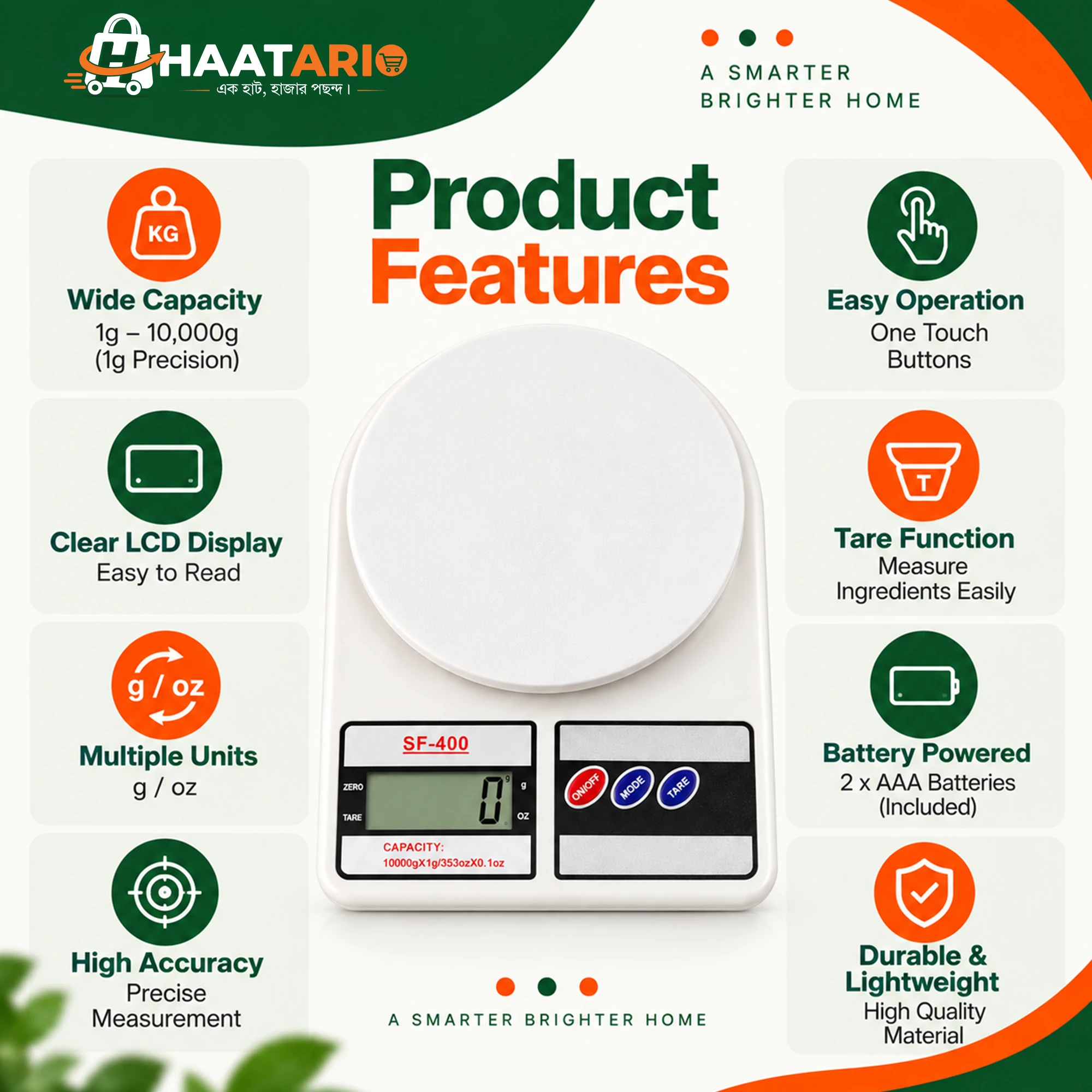 SF-400 Digital Kitchen Scale | 10kg Electronic Food Weight Scale with Tare Function - Image 3